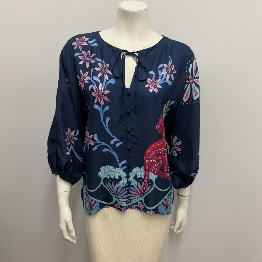 Jade Johnny Was Blouse Top Navy Pink Aqua Red Green Floral & Tiger Size Medium M